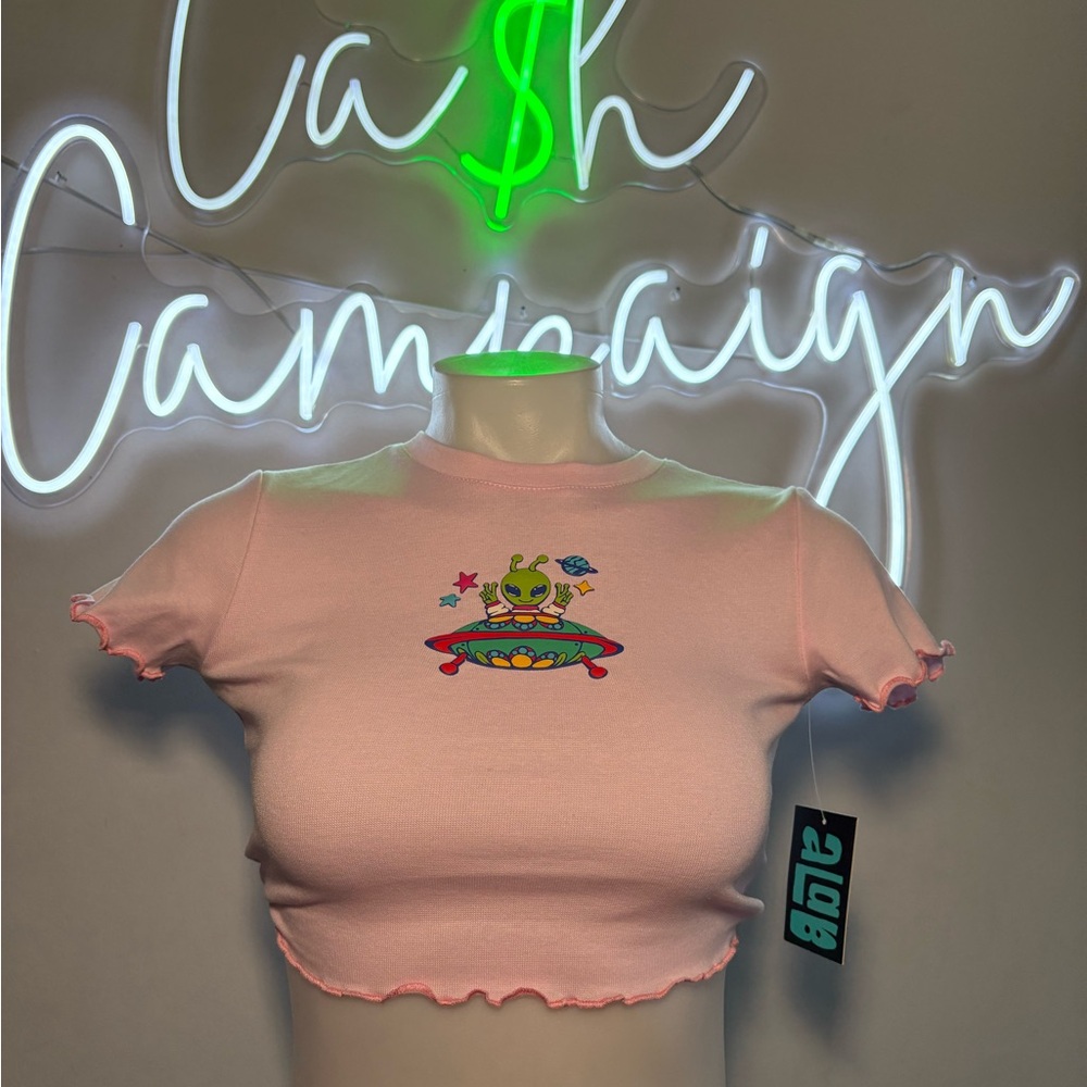 Pink Ruffled Crop Top with Frog Graphic